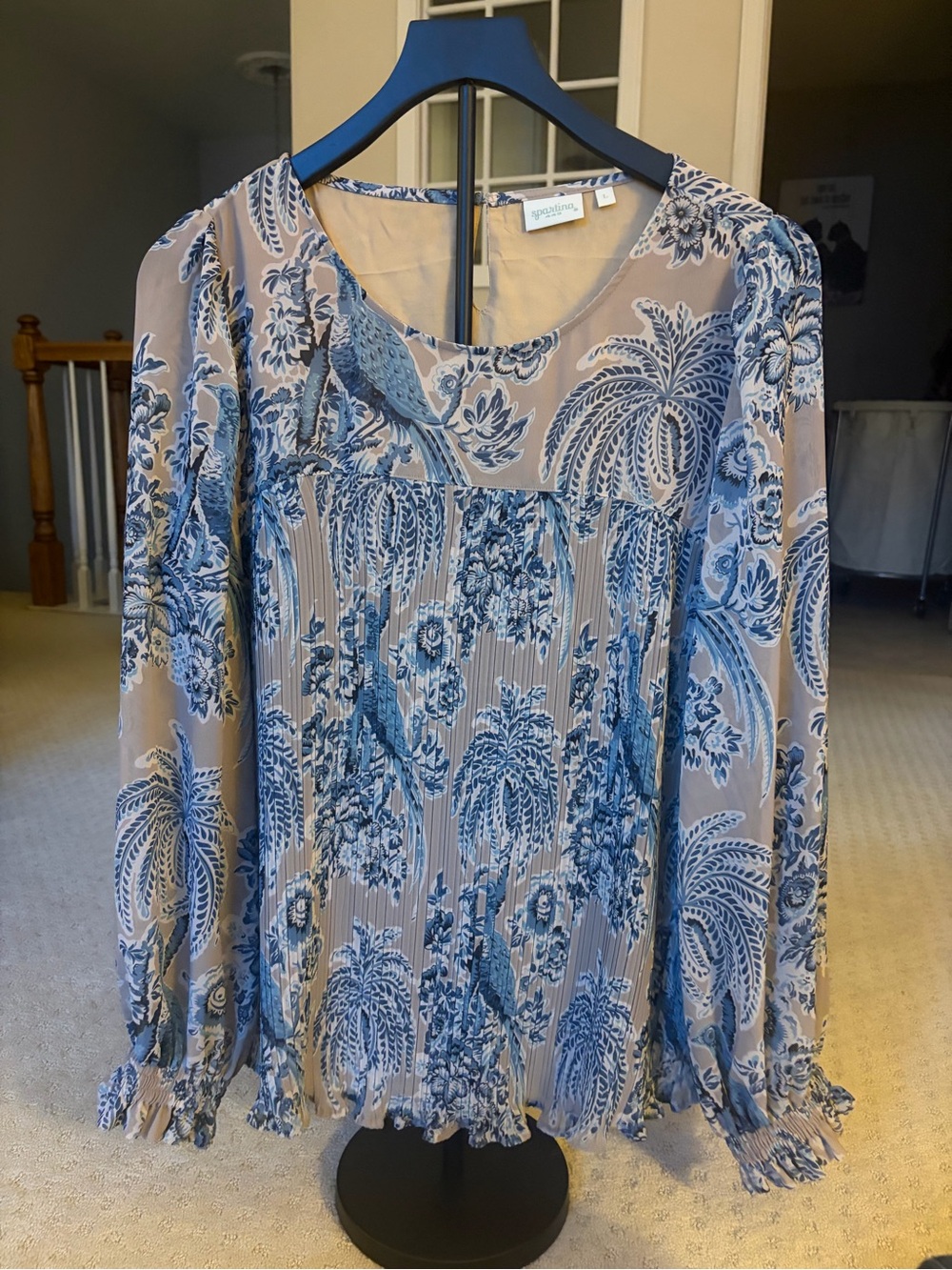 Spartina 449 Blue Floral Pleated Blouse on Cream Base